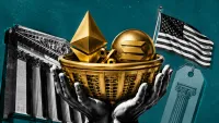 Cesto istituzionale dorato scolpito che contiene un diamante Ethereum e una sfera Solana, facciata di borsa e simbolo di percentuale su campo teal