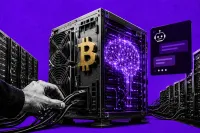 Rig di mining Bitcoin scolpito che si fonde con un server AI luminoso a rete neurale, su campo viola saturo, stile collage editoriale ad alto contrasto