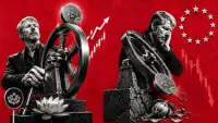 Volano meccanico monumentale inceppato con una moneta bitcoin che scivola via verso il basso da un piedistallo incrinato, crisi del modello treasury di Strategy