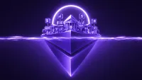 Grande binario ferroviario 3D stilizzato e lucido fatto di blocchi isometrici luminosi, con un treno di asset tokenizzati che vi corre sopra, su fondo viola-blu a due tinte.