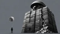 Torre-archivio monumentale di dossier di identità sorvegliata da una grande lente, con fili che collegano figure anonime a monete bitcoin e una crepa che lascia trapelare documenti.