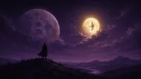 Rappresentazione a due tinte di una bilancia in cui un diamante Ethereum luminoso si solleva mentre una moneta Bitcoin scende.