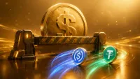 Grande moneta dorata col simbolo del dollaro trattenuta dietro una barriera abbassata, mentre monete di stablecoin private con i loghi USDC e USDT scorrono libere intorno.