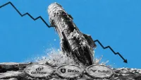 Grande razzo simbolo di quotazione in borsa incapsulato nel ghiaccio e in caduta verso il basso invece di salire, con una linea di grafico che precipita.