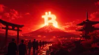 Grande portale torii giapponese 3D lucido all'alba, con un sole nascente a forma di simbolo Bitcoin che si leva dietro di esso e un fiume di luce che attraversa il cancello