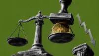 Bilancia in equilibrio precario tra una moneta Bitcoin che si abbassa e un timbro fiscale pesante che sale.
