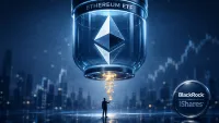 Diamante ottaedro di Ethereum reso in 3D lucido, racchiuso in una capsula ETF traslucida da cui sgorgano piccole monete luminose come rendimento.