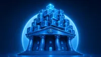 Grande sala macchine 3D lucida sotto un palazzo classico di Wall Street, con enormi tubature dorate che si trasformano in flussi di dati blockchain luminosi