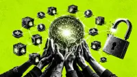 Sfera neurale di intelligenza artificiale collegata a blocchi di blockchain e monete token, sorretta da molte mani e con un lucchetto aperto.