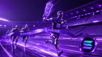 Grande prisma cristallino 3D lucido color viola Solana attraversato ad altissima velocità da un flusso di piastrelle luminose di azioni tokenizzate.