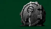 Colossale porta blindata di una fortezza blockchain con una minuscola crepa in cui una piccola figura inserisce una piccola chiave, mentre uno scudo sigilla la fenditura.