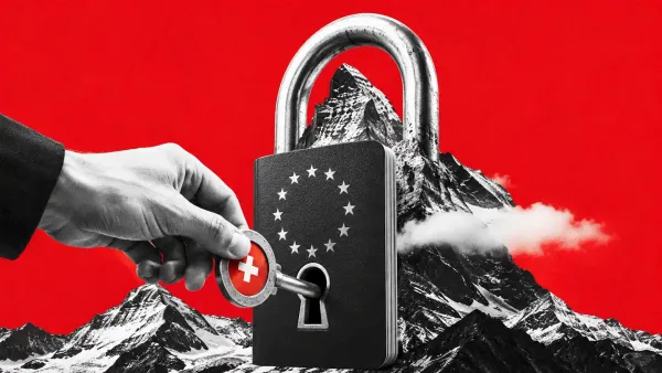 Lucchetto scolpito fuso con un passaporto europeo e una montagna alpina su sfondo electric blue, stile collage editoriale.