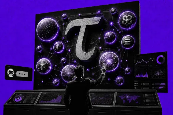 Una mano seleziona sfere luminose che rappresentano subnet AI come un portafoglio, rete Bittensor TAO, sfondo viola