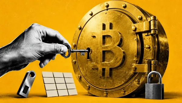 Caveau dorato scolpito con simbolo Bitcoin e una chiave fisica in mano, tessere di seed phrase astratte su campo ambra