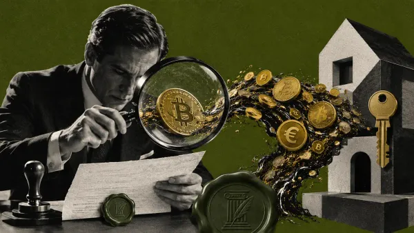Casa stilizzata dorata con chiave, raggiunta da monete Bitcoin che passano attraverso un sigillo notarile e una lente di verifica con simbolo dell'euro, su campo verde oliva
