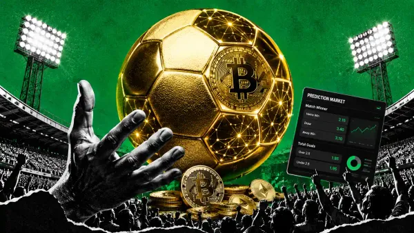 Pallone da calcio dorato scolpito fuso con esagoni blockchain in uno stadio illuminato, monete crypto in bianco e nero sugli spalti