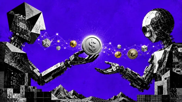 Due agenti robotici geometrici si scambiano una moneta stablecoin luminosa lungo un binario digitale fatto di nodi di rete, senza esseri umani, su campo ultravioletto
