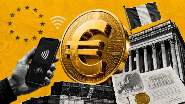 Simbolo dell'euro come moneta digitale luminosa tra stelle UE, facciata istituzionale e bandiera italiana, con pagamento da smartphone.