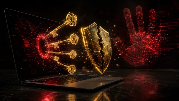 Laptop acceso nel buio con chiavi crittografiche olografiche e uno scudo dorato incrinato, bagliori rossi di allarme