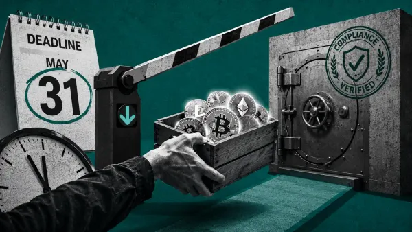 Una mano sposta una cassa di monete crypto oltre una sbarra di confine che si sta abbassando, verso un caveau marcato da un sigillo di conformità, con un calendario che segna il 1° luglio.