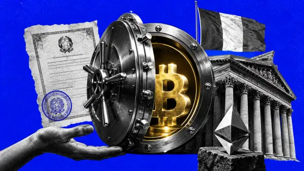 Caveau digitale di una banca italiana che custodisce un simbolo Bitcoin luminoso, tra colonne istituzionali e bandiera italiana, in stile collage editoriale blu.