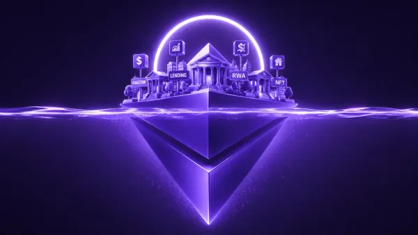Grande binario ferroviario 3D stilizzato e lucido fatto di blocchi isometrici luminosi, con un treno di asset tokenizzati che vi corre sopra, su fondo viola-blu a due tinte.