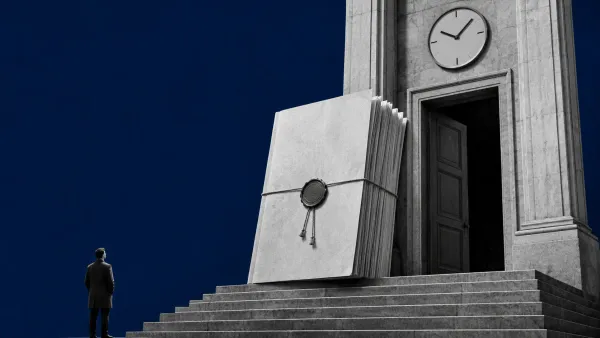 Grande documento legislativo che sale una scalinata verso una soglia istituzionale, con un orologio incombente che segna il tempo che stringe.