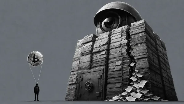 Torre-archivio monumentale di dossier di identità sorvegliata da una grande lente, con fili che collegano figure anonime a monete bitcoin e una crepa che lascia trapelare documenti.