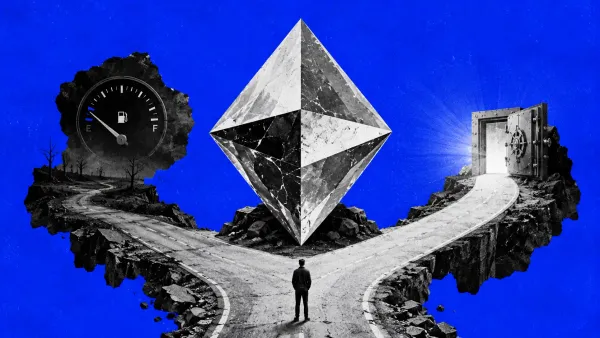 Cristallo ottaedrico che rappresenta Ethereum a un bivio, un lato con indicatore di carburante quasi vuoto e l'altro con un caveau a rendimento.
