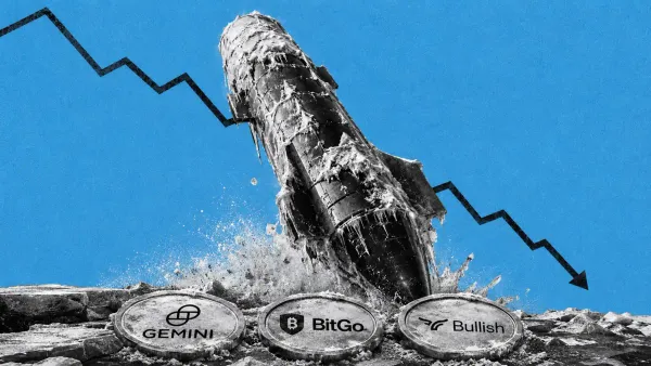 Grande razzo simbolo di quotazione in borsa incapsulato nel ghiaccio e in caduta verso il basso invece di salire, con una linea di grafico che precipita.