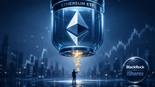 Diamante ottaedro di Ethereum reso in 3D lucido, racchiuso in una capsula ETF traslucida da cui sgorgano piccole monete luminose come rendimento.