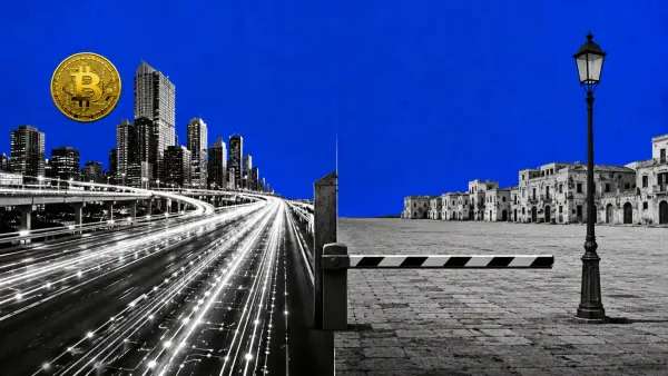 Autostrada a piu corsie fatta di binari digitali luminosi che corre verso l'orizzonte mediterraneo, con una barriera di pedaggio a meta percorso.