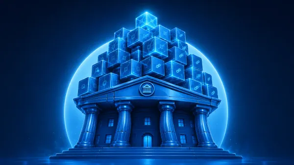 Grande sala macchine 3D lucida sotto un palazzo classico di Wall Street, con enormi tubature dorate che si trasformano in flussi di dati blockchain luminosi