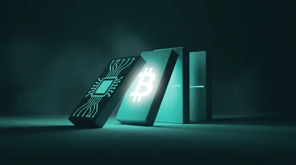 Rappresentazione a due tinte di un ottovolante che sale a picco e poi precipita, con un vagone a forma di moneta Bitcoin sullo stesso binario.
