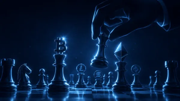 Monumentale scacchiera 3D lucida con pezzi a forma di simboli crypto, un simbolo Bitcoin come re e un diamante Ethereum.