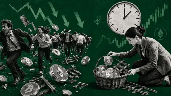 Figura solitaria che raccoglie monete lucide controcorrente rispetto a una folla in fuga, sotto un grande orologio che segna una scadenza.