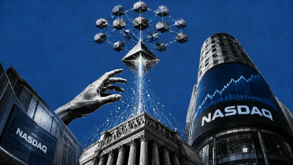 Torre di una borsa classica che emette un flusso di dati luminosi attraverso un prisma oracolo verso un reticolo di blocchi blockchain.