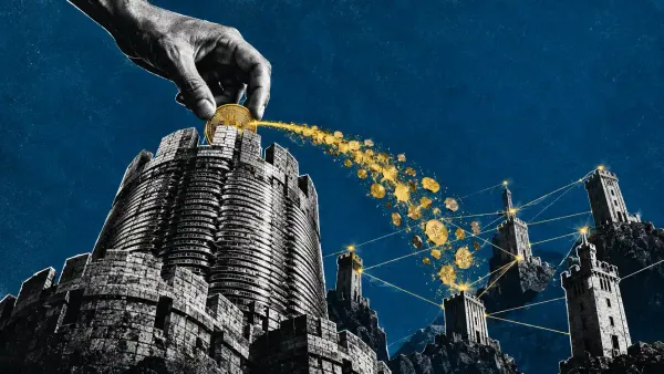 Fortezza monetaria di un emittente di stablecoin assediata da una coalizione di torri collegate in rete che le sottraggono il flusso di rendimento.