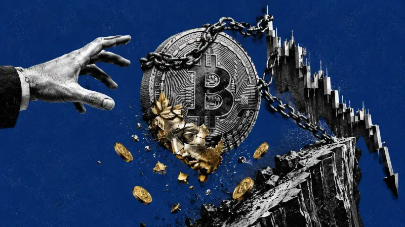 Grande moneta Bitcoin incatenata a un grafico a candele che precipita, entrambi in caduta, mentre una maschera dorata da oro digitale le scivola via dal volto, su campo blu ardesia