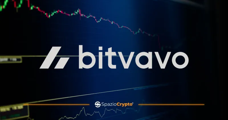 Solido portale regolamentato a forma di varco-caveau dove una mano inserisce monete in euro e riceve monete crypto luminose, con uno scudo a marchio di conformità.