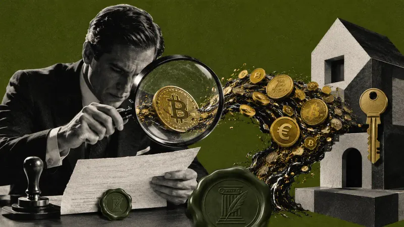 Casa stilizzata dorata con chiave, raggiunta da monete Bitcoin che passano attraverso un sigillo notarile e una lente di verifica con simbolo dell'euro, su campo verde oliva