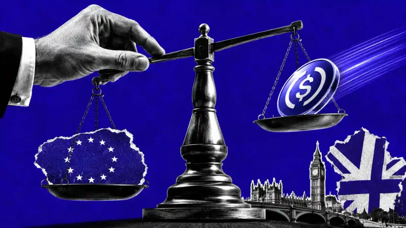 Bilancia con un piatto più leggero e una moneta stablecoin che scivola verso il lato britannico, accanto a un cerchio di stelle UE, divergenza regolatoria UK MiCA