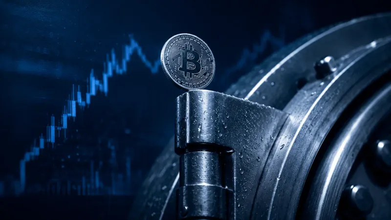 Caveau bancario dorato semiaperto con monete fisiche di Bitcoin in uscita e in entrata, atmosfera cinematografica blu scuro