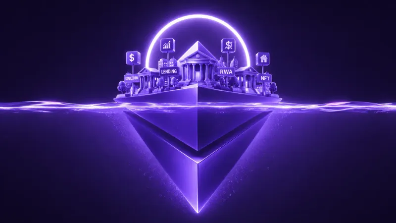 Grande binario ferroviario 3D stilizzato e lucido fatto di blocchi isometrici luminosi, con un treno di asset tokenizzati che vi corre sopra, su fondo viola-blu a due tinte.