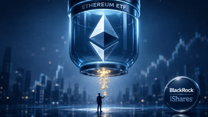 Diamante ottaedro di Ethereum reso in 3D lucido, racchiuso in una capsula ETF traslucida da cui sgorgano piccole monete luminose come rendimento.