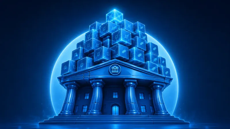 Grande sala macchine 3D lucida sotto un palazzo classico di Wall Street, con enormi tubature dorate che si trasformano in flussi di dati blockchain luminosi