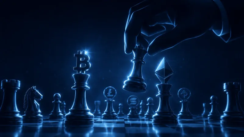 Monumentale scacchiera 3D lucida con pezzi a forma di simboli crypto, un simbolo Bitcoin come re e un diamante Ethereum.