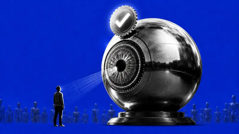 Grande occhio umano stilizzato scansionato da una sfera riflettente che rilascia una credenziale luminosa, davanti a una folla di figure identiche senza volto.