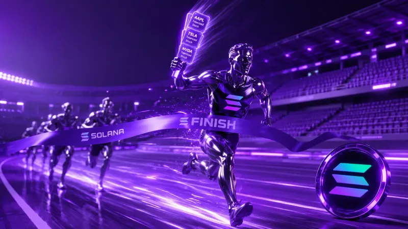 Grande prisma cristallino 3D lucido color viola Solana attraversato ad altissima velocità da un flusso di piastrelle luminose di azioni tokenizzate.